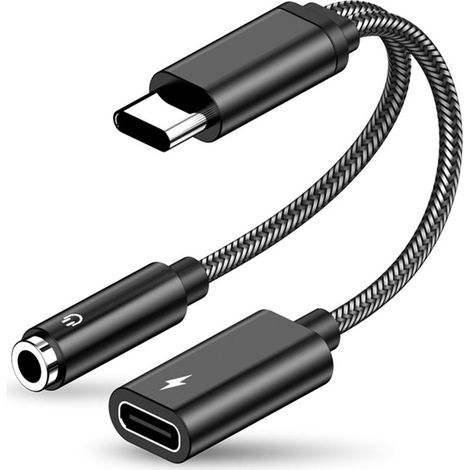 USB-C to 3.5mm Jack Headphone Adapter, 2-in-1 Type-C Audio Charging Adapter Cable, Braided Type-C Earphone Audio Cable Adapter for Samsung Galaxy S23/S22/S21, Huawei P40 (1/4)