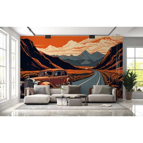 Papier peint voitures - limousine vintage sur route de montagne - 150 x 250 cm (1/2)