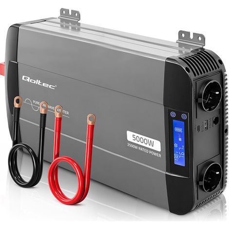 Convertidor de voltaje de onda sinusoidal pura Qoltec  12V a 230V  2500/5000W  LCD  USB  USB-C  Compatible con LiFePO4 GEL (1/5)