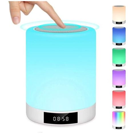 Lampe de Chevet Tactile Rechargeable Portable, Lampe de Table Enceinte Bluetooth Musique, FM Radio Réveil Lumière LED Multicolor Mains Libres, Idée Cadeau Fille, Ado, Mère, Anniversaire