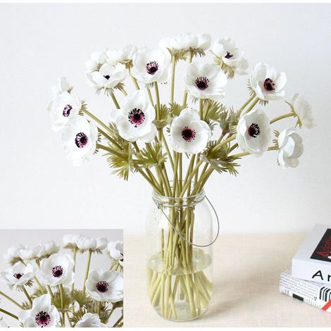 Anemone Fleur Artificielle - Touch Réel PU - Blanc - Pour Décoration Intérieure Maison Bureau Restaurant Mariage - 10 Pièces (1/5)