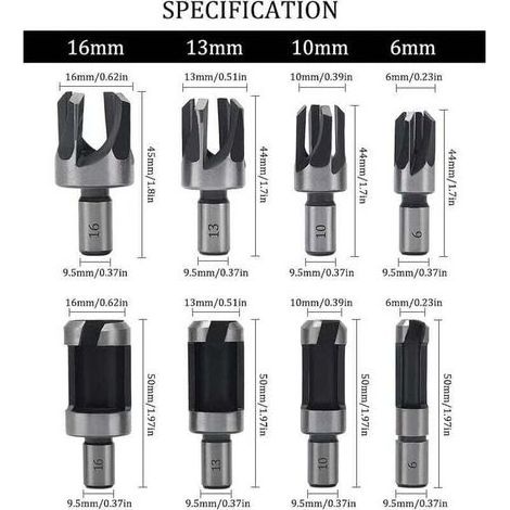 8 Pièces Fraise à Bouchonner Bois, Mèche à Bouchon Bois 6 mm/10 mm/13 mm/16 mm, Acier Carbone Bois Plug Perceuse pour le Travail du Bois, Forets à Bois à Griffe et Coniques (1/5)