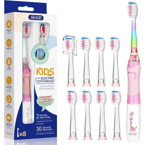 Enfants Brosse À Dents Électrique pour 3-12 Ans avec Minuteur Intelligente et Lampes à LED de Couleur et 8 Douces Têtes de Brosse pour Kids Filles et Garçons (Rose FR) (1/5)