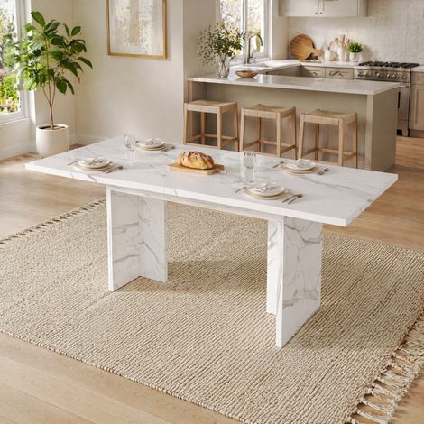 Mesa extensible 140/180 x 80 cm blanca efecto mármol, para 6 a 8 personas, sobre grueso HAVRYA (1/5)