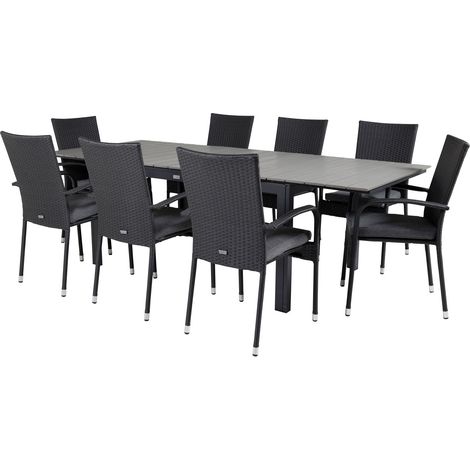 Levels Ensemble table et chaises de jardin, table 100x160/240cm et 8 chaises Anna, noir, gris.
