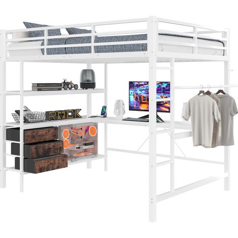 Cama alta 140x200 cm con escritorio, enchufe y USB, 3 cajones, estantes, barra de secado, luz ambiental, barandilla y escalera, blanca, ideal para estudiar y ahorrar espacio - CHICFURN (1/5)