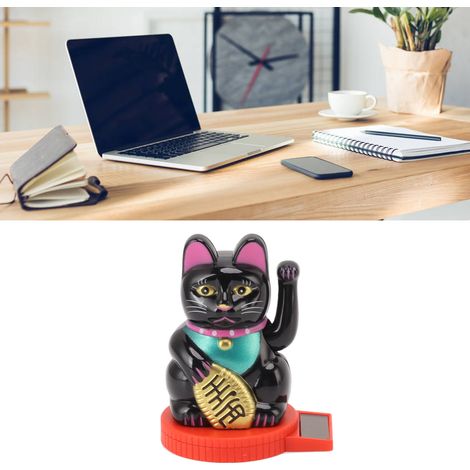 Figurine de chat porte-bonheur solaire de bureau avec pattes qui font coucou, panneau solaire rotatif, ornement de chat porte-bonheur à capteur de lumière, noir. (1/5)
