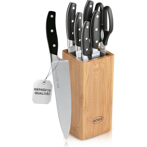 Bloc Couteaux avec Insert en Brosse - Porte-Couteaux en Bambou avec 5 Couteaux et Ciseaux - Lames en Acier Spécial - Protège-Doigts - 7 Pièces en Tout (1/5)