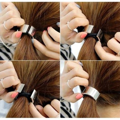 Élastique à cheveux avec pince ronde, métal, noir/doré (1/3)