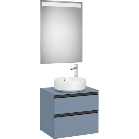 Pack meuble "The gap" 600 pour vasque à poser - 2 tiroirs + plan + miroir LED - bleu mat/ poignées noires - Roca (1/2)