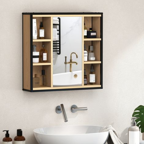 Armoire de salle de bain avec miroir, 6 compartiments ouverts, étagère à 3 niveaux, fixation murale, chêne (1/5)