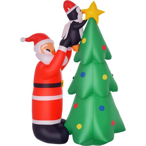Papá Noel inflable con árbol y pingüino, 180 cm de altura, luces LED e inflador. (1/5)