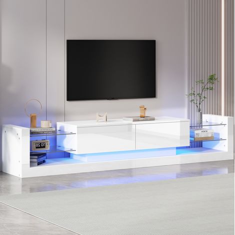 Mobile TV 181 cm bianco lucido con illuminazione LED, 2 cassetti ribaltabili e frontali in vetro (1/5)