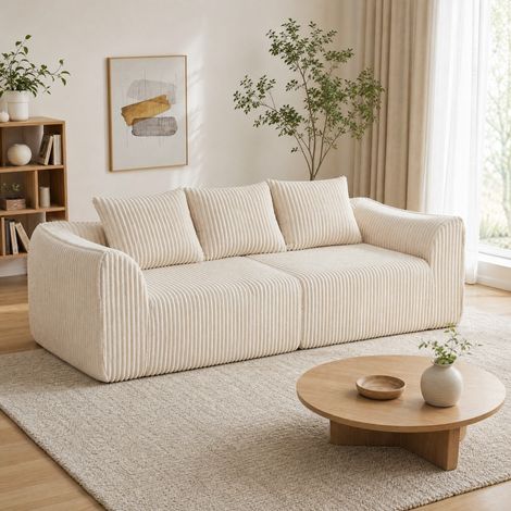 Sofá modular de pana beige, 235,5 x 101 x 72,5 cm, sin montaje, con 6 cojines DESVIAE (1/5)