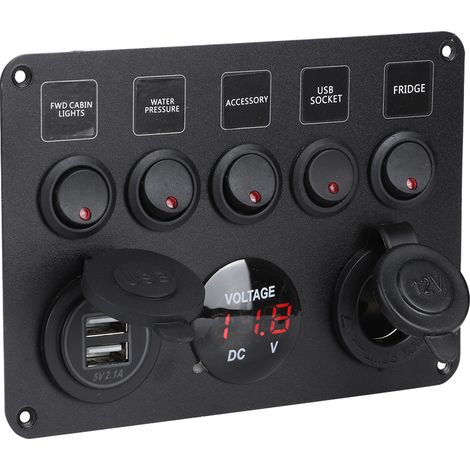 Panneau de commande à bascule LED à 5 positions avec voltmètre numérique, type universel, convient aux camping-cars, voitures et bateaux à moteur (rouge). (1/5)