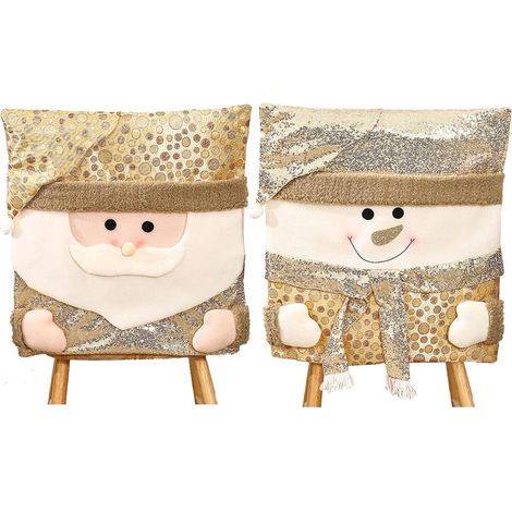 Lot de 2 housses de chaise de Noël, motifs mignons Père Noël et bonhomme de neige, housses de dossier de chaise à paillettes dorées pour la décoration de Noël de la maison et de la cuisine