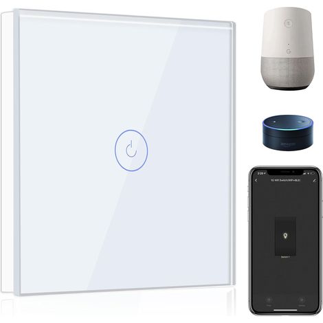 Interrupteur Connecté WiFi,1 Gang 1 Voie Interrupteur Tactile Mural en Verre WiFi, Blanc (Ligne Neutre Requis) (1/5)