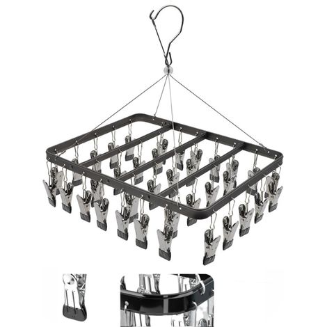 Étendoir à Linge en métal avec 36 Clips, Crochet Coupe-Vent, Pince à Linge Pliable pour Chaussettes, Soutien-Gorge(Noir)