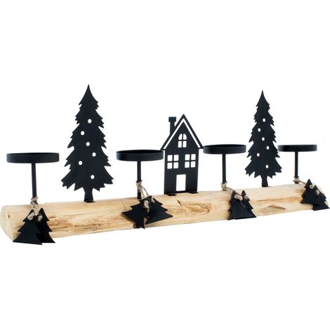 Advents Kerzenständer auf Baumstamm mit Schattenbild - 41 cm - Kerzenhalter mit Baum und Haus Silhouetten aus Metall - Weihnachten Tisch Deko Ständer für Stumpenkerzen Kerzenleuchter rustikal