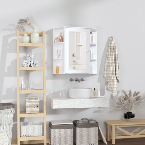 Wandmontierter Badezimmerspiegelschrank mit Stauraum, 1 Tür + Seitenablagen, Weiß