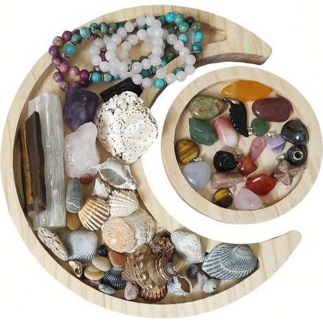 Mondförmiges Holztablett, Kristallhalter, Kristallorganizer, halbmondförmige Schale, Ständer für ätherische Öle und Schmuck, Hexen-Kristalltablett, Schmuckplatte