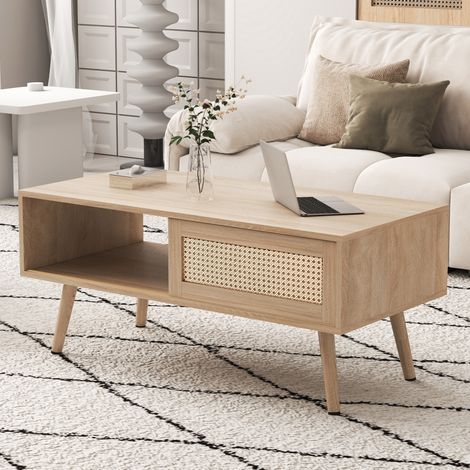 Tavolino rettangolare effetto rattan naturale con anta scorrevole e vano portaoggetti (1/5)