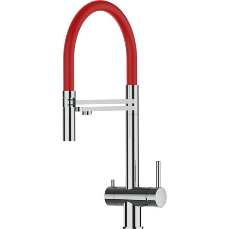 Rubinetto 3 vie miscelatore lavello cucina VIZIO in Acciaio INOX Lucido - Canna rossa movibile e doccia due getti staccabile - ACCIAIO CHIRURGICO AISI 316 (1/5)