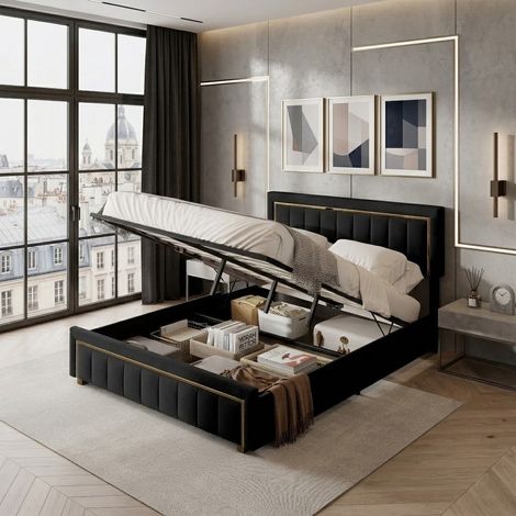 Comanlai - Lit 160x200 cm, Lit lit coffre avec Rangement, Cadre de lit avec tête de Lit et sommier à Lattes, lit d'appoint, pour Adolescents et Adultes, Velours (Noir, 160x200 cm) (1/5)