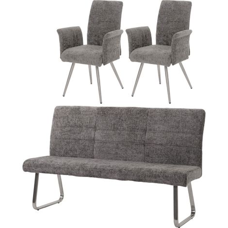 Set sala da pranzo HHG-221, 2 sedie con braccioli + panca 180cm, acciaio inox stoffa/tessuto ciniglia, grigio scuro