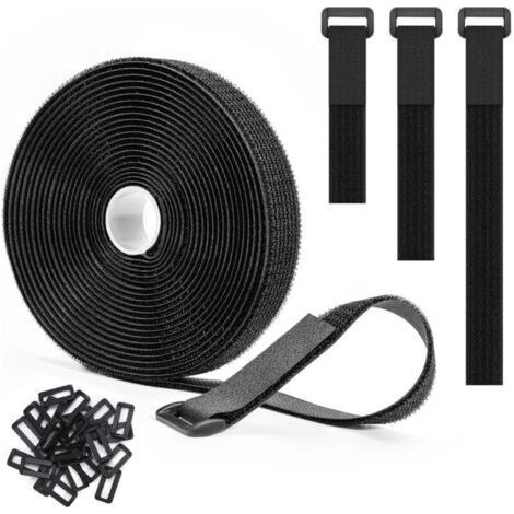 FENOPLASTICAAttaches de câble réglables, 5 mètres x 2,5 centimètres, avec 25 boucles, réutilisables, noires, sangle Velcro, noires.