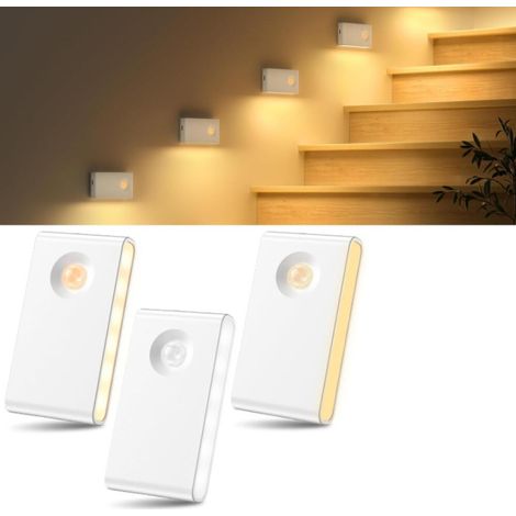 Lot De 3 Veilleuse Detecteur de Mouvement, 3 Couleurs et Luminosité Réglable, Lampe Detecteur de Mouvement Interieur, Rechargeable Veilleuse (1/5)