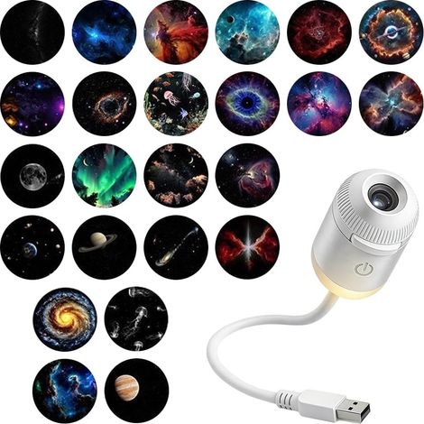 Projecteur galaxie et veilleuse 2 en 1 – Nouveau projecteur d'étoiles USB à luminosité réglable mini projecteur galaxie pour plafonds et murs de chambre décoration de chambre (incluant 24 disques (1/5)