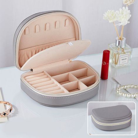 Petite boîte à bijoux pour femmes, boîte de rangement pour bagues, boucles d'oreilles, colliers, cadeaux(gris) (1/5)