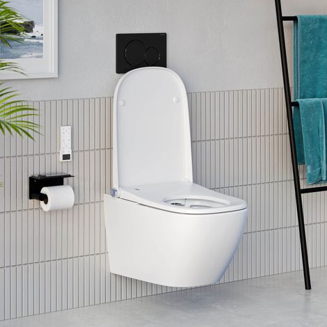 BERNSTEIN - Pack WC japonais Pro+1104 + Bâti-support Geberit, Toilettes suspendu lavant + Télécommande - 38x59x38cm - Plaque Noir Brillant (1/5)