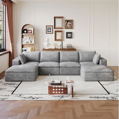 Sofá modular de 340 cm en tejido de pana gris, diseño de doble capa, cojines extraíbles, OKWISH (1/5)