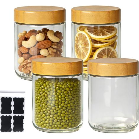 4 Bocaux Verre 480ml,Couvercle Bois Hermétique,Joint Silicone,Overnight Oats Yaourt Salade (1/5)