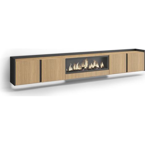 Skraut Home - TV-Schrank, Lowboard, für Wohnzimmer und Esszimmer, 315x50x35 cm, Für TV-Geräte bis zu 80", Elektrokamin XXL, Hängend, Led, Moderner Stil, Eiche Schwarz (1/4)