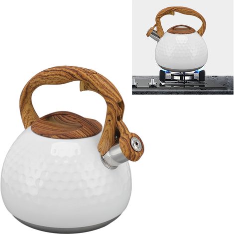 Bouilloire à sifflet en acier inoxydable à fond unique de 3 litres, bouilloire à sifflet en acier inoxydable, bouilloire grande capacité pour plaques à induction, blanc pur. (1/5)