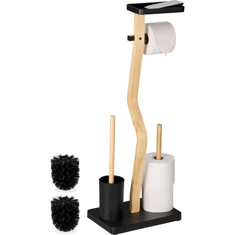 Serviteur WC Non Fixe, avec Support pour téléphone, H x L x P : 80 x 30 x 20 cm, Noir et Nature (1/5)