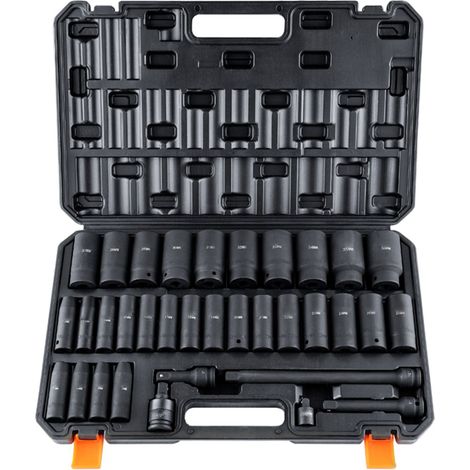 Jeu de douilles à choc 1/2", 34 pièces, métrique (8-36mm), 6 pans, acier Cr-Mo, pour réparation auto, avec coffret de rangement robuste. (1/5)