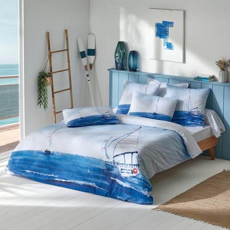 Parure de lit 3 pièces percale de coton voilier marin housse + taies Bleu 260x240 cm