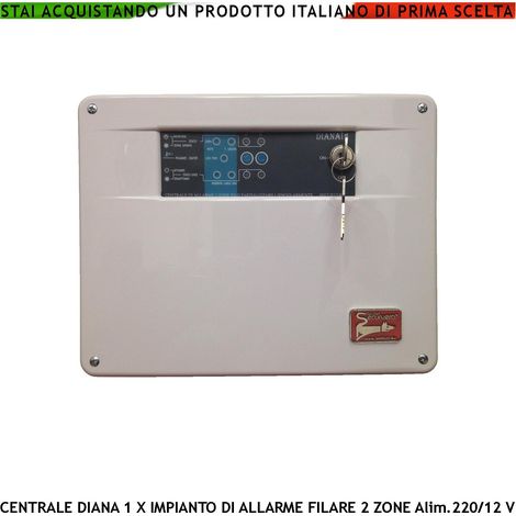 Centrale Antifurto Diana 2 Zone Chiave Meccanica per Impianto di Allarme Filare. Gestisce Sensori Ingresso Per Chiave Remota o Telegestione Uscita di Comando per Sirene e Combinatore GSM Come Ricambio (1/4)