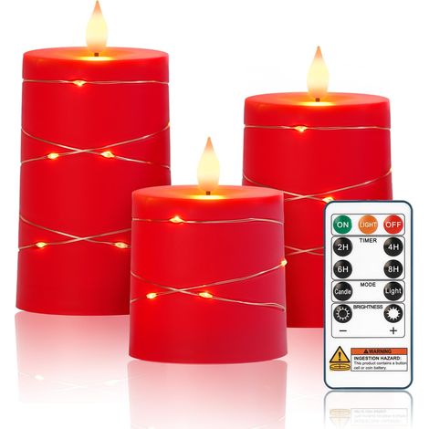 Lot de 3 bougies LED sans flamme avec télécommande et minuterie - Fonctionne avec piles - Guirlande lumineuse pour décoration de salon, mariage et cadeaux - Rouge (1/5)