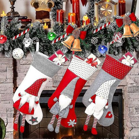Chaussettes de Noël, décorations de Noël, un ensemble de 3 grandes chaussettes de Noël classiques à suspendre (1/5)