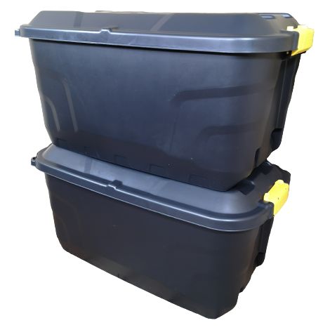 2 x 75L Heavy Duty Trunks on Wheels Sturdy, Lockable, Stackable and Nestable Design Storage Chest with Clips in Black (1/5)