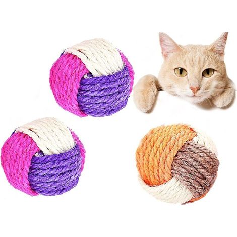 Lot de 3 balles en sisal pour chat - Jouet interactif en sisal - Jouet pour chat - Couleur aléatoire