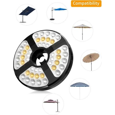 Lampes pour Parasol, 48 LED Rechargeable Lumiere de Parasol, avec 3 Modes d'Éclairage 72 Heures Luminaire LED Parasol sans Fil Réglable pour Parasol de Jardin Terrasse Patio Extérieure Tente