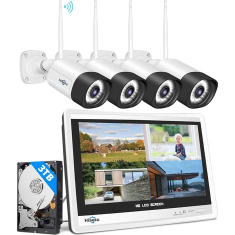 Hiseeu 5MP 3To Disque Dur 5MP Kit Caméra de Surveillance WiFi Extérieure, Vision Nocturne en Couleur, 10CH 12 Moniteur NVR Kit Vidéo Surveillance, Détection de Mouvement (1/5)