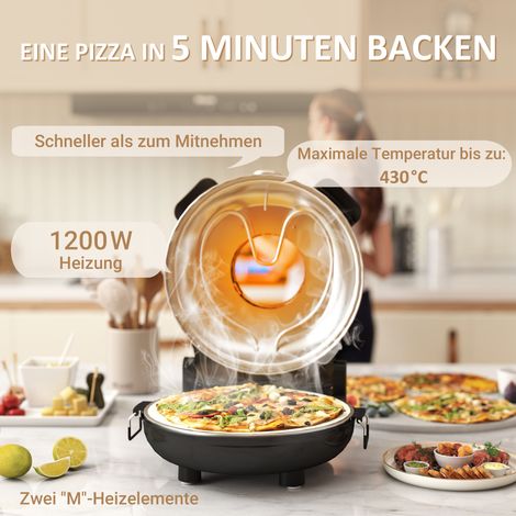 Four électrique à pizza 430°C, 1200W, pierre réfractaire 30 cm, minuteur, fenêtre, acier inoxydable, noir