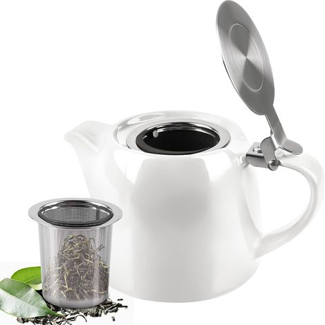 Théière avec infuseur, 500 ml, en céramique, avec passoire à thé amovible en acier inoxydable, pour la maison et le bureau, parfaite pour le thé en vrac, blanc semi-brillant (1/5)
